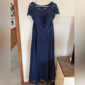 Navy Lace Bodice Evening Gown